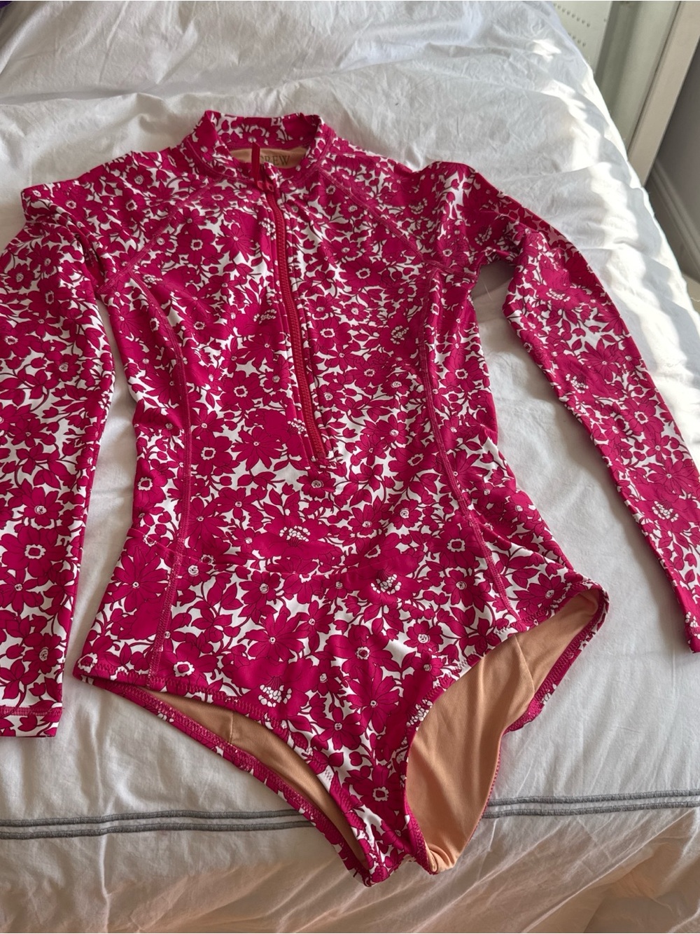 J. Crew Pink and White Floral Long-Sleeve One-Piece Swimsuit